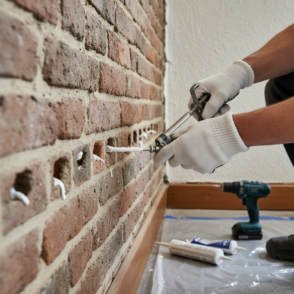 Handen injecteren muur met creme tegen opstijgend vocht