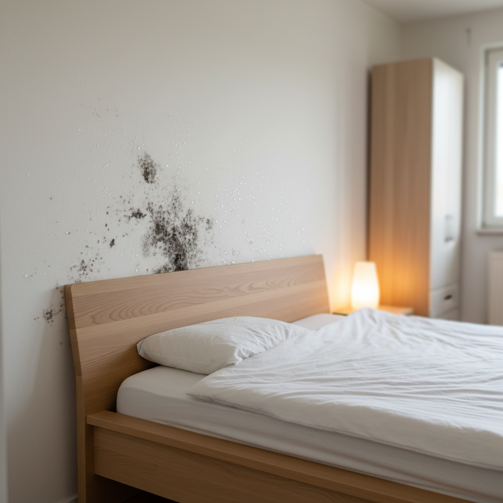 Zwarte schimmelvlekken op witte muur achter een bed in slaapkamer