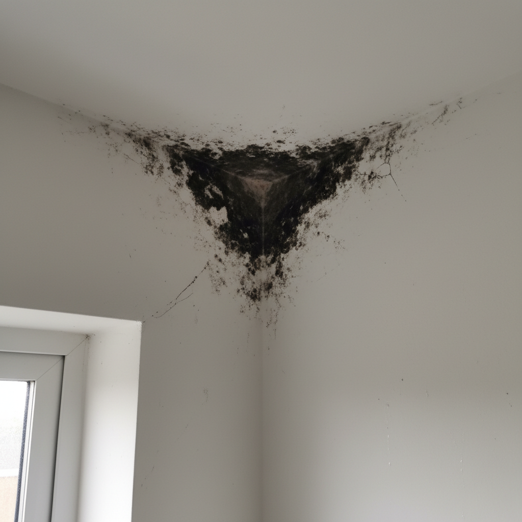 Donkere schimmelvlekken in hoek tussen muur en plafond