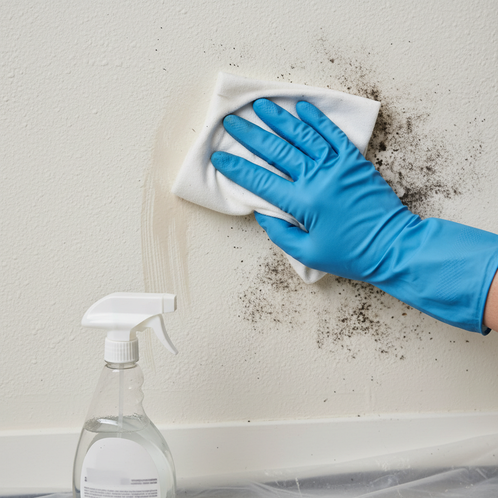 Hand met handschoen verwijdert schimmel van muur met doek