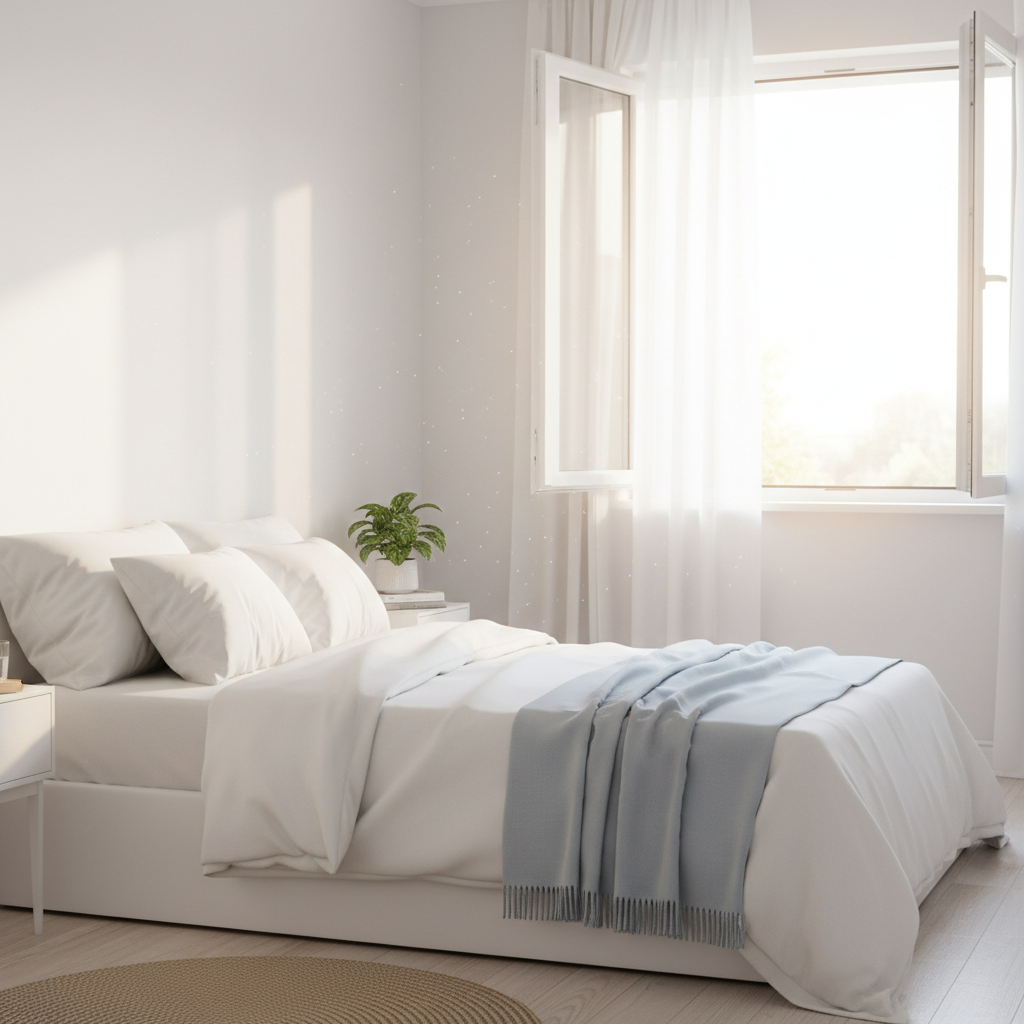 Frisse schone slaapkamer met open raam en zonlicht