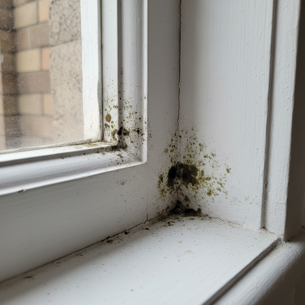 Zwarte en groene schimmelvlekken op wit geschilderd houten raamkozijn