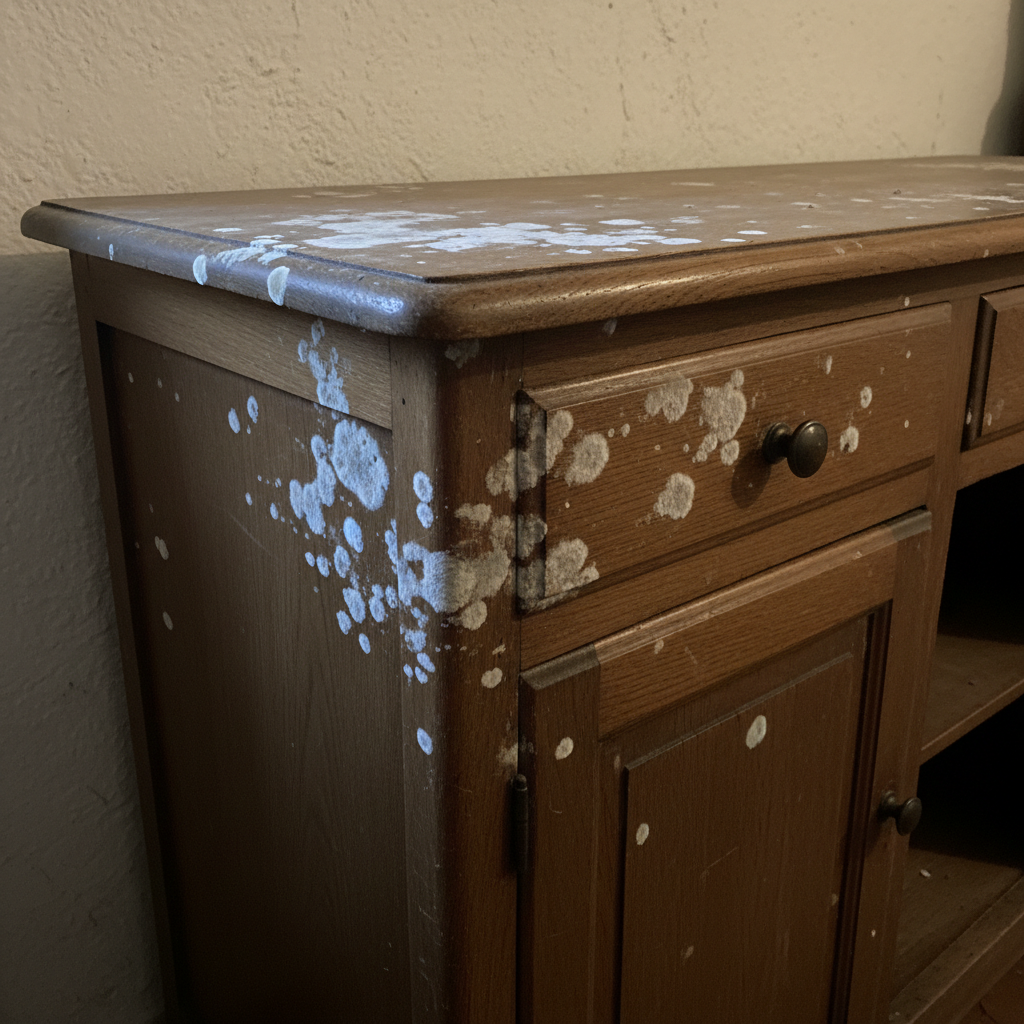 Houten kast met witte en grijze schimmelvlekken op het oppervlak