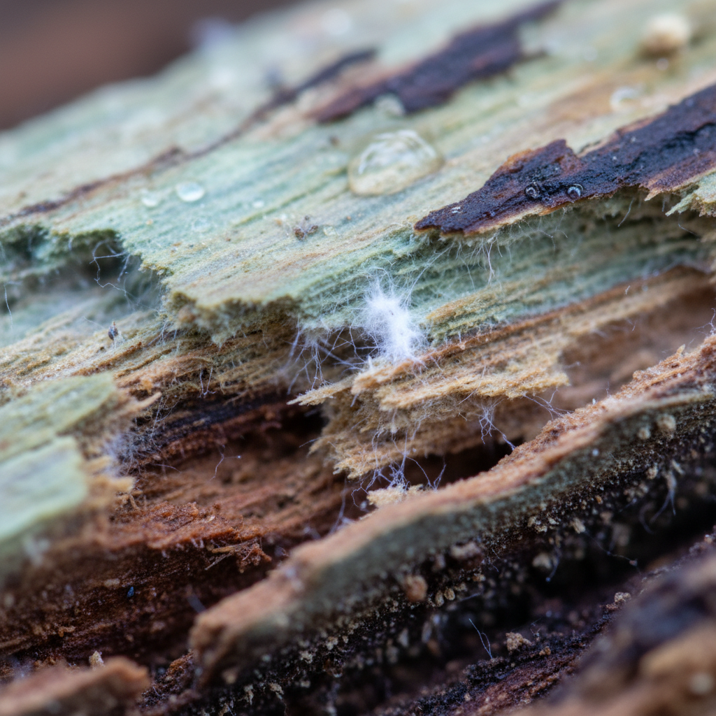 Close-up van rot en sponsachtig hout met diepe schimmelaantasting