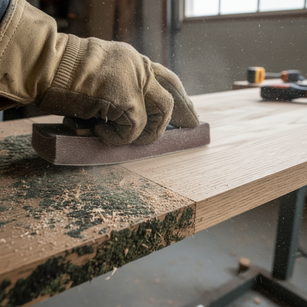Hand schuurt houten oppervlak met schuurpapier om schimmel te verwijderen