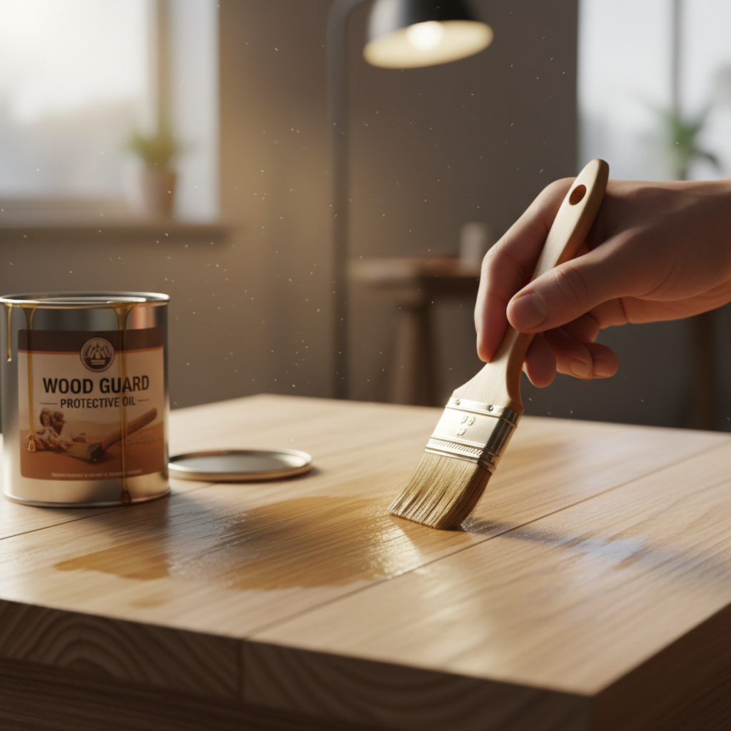 Kwast brengt houtbeschermer aan op schoon houten oppervlak