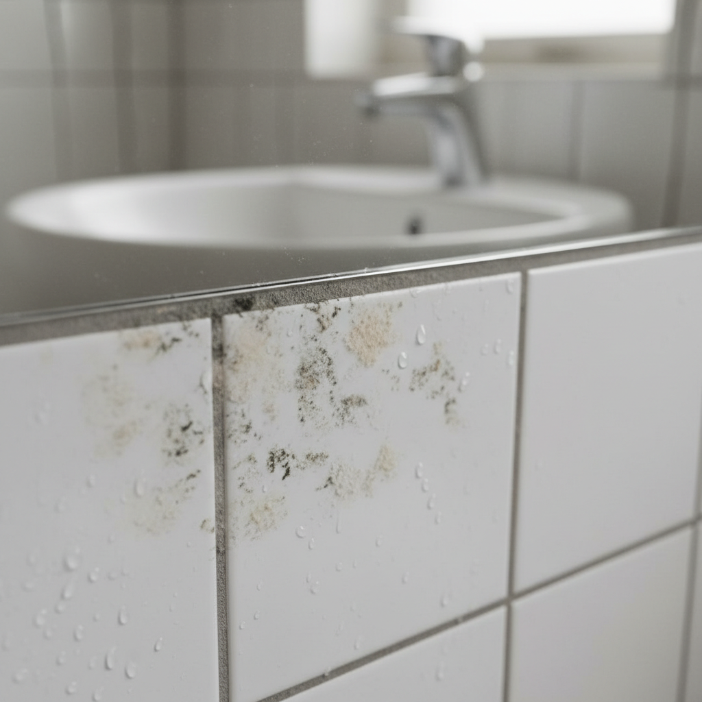 Lichte schimmelvlekken op witte badkamertegels en voegen