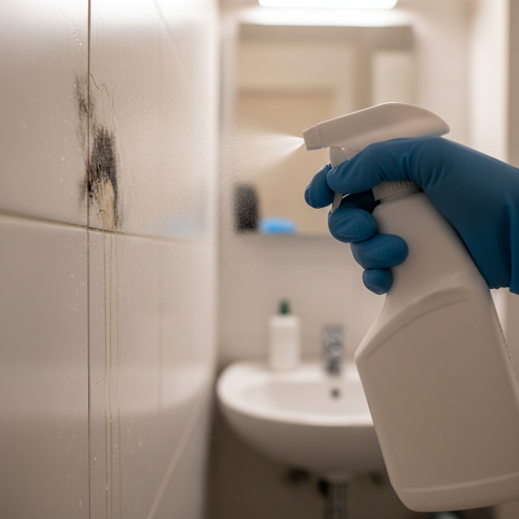 Hand sproeidt azijn uit sprayflacon op schimmelvlekken