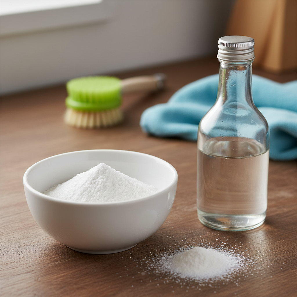 Baking soda poeder naast fles azijn op aanrecht