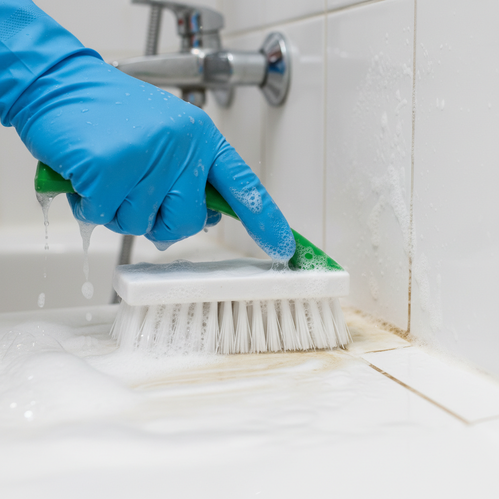 Hand met borstel schrobt badkamervoegen na azijnbehandeling