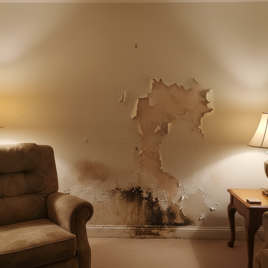 Binnenmuur met zichtbaar opstijgend vocht en horizontale vochtlijn