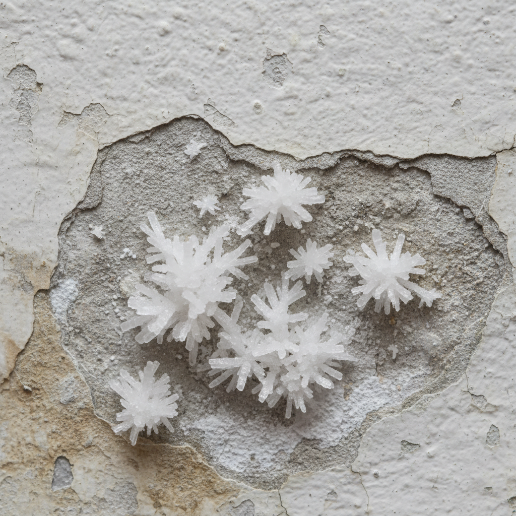 Close-up van witte zoutuitbloei op gepleisterde binnenmuur