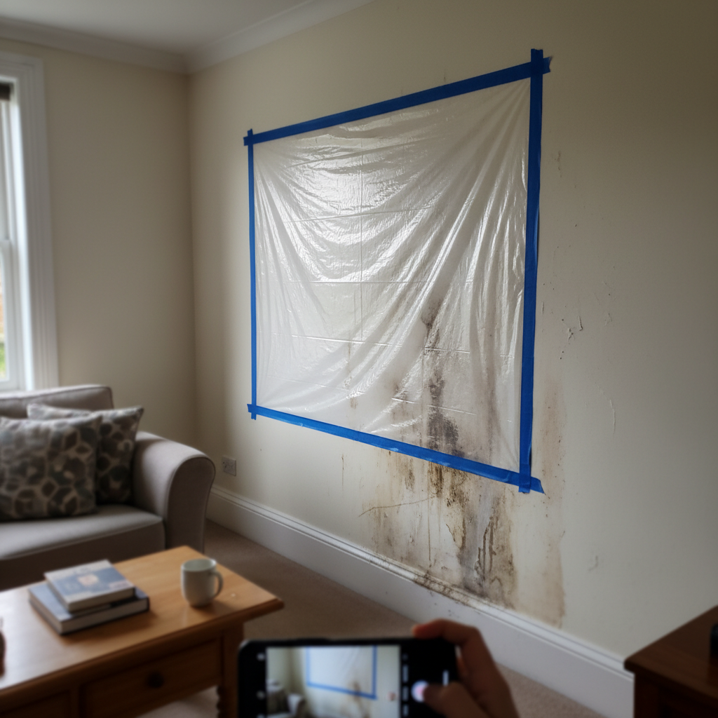 Transparante plastic folie vastgeplakt op vochtige muur voor vochttest