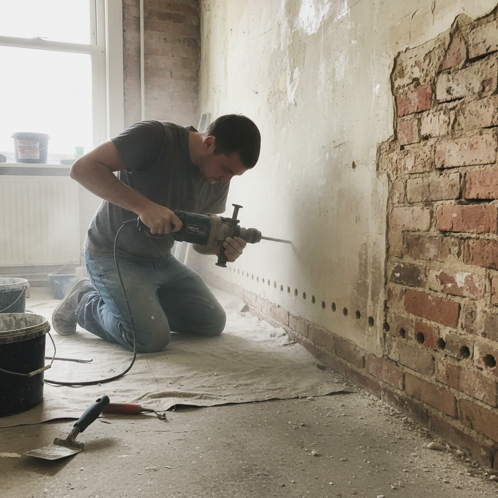 Persoon boort gaten in binnenmuur voor vochtinjectie