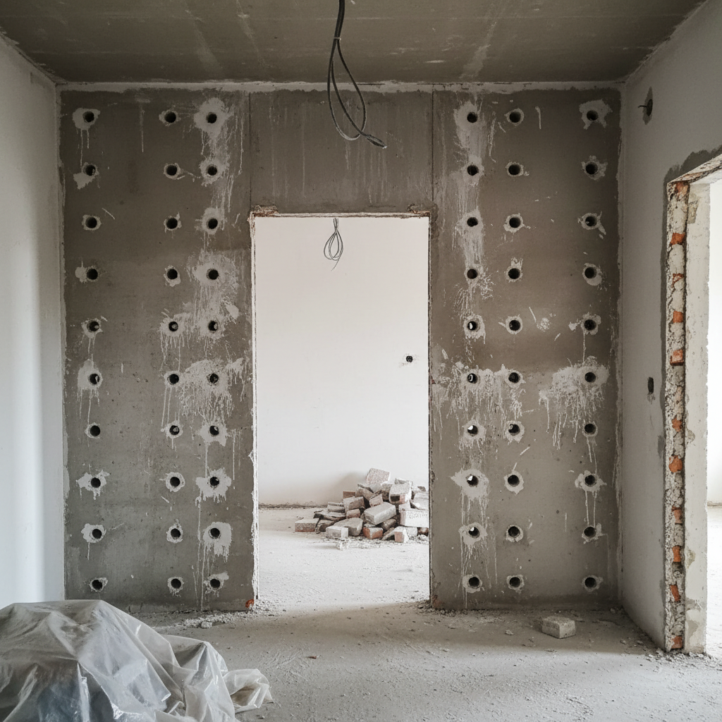 Dikke binnenmuur met boorgaten aan beide zijden voor vochtbehandeling