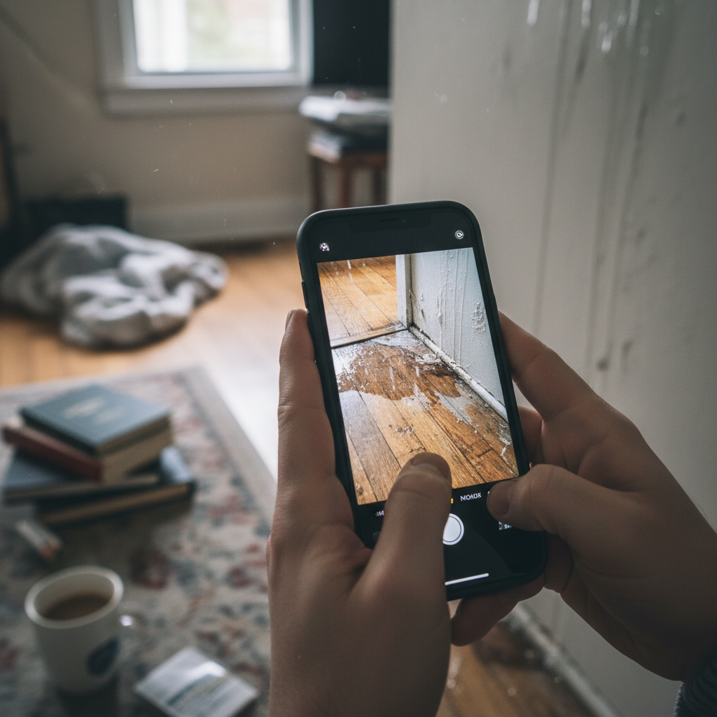 Persoon maakt fotos van waterschade met smartphone