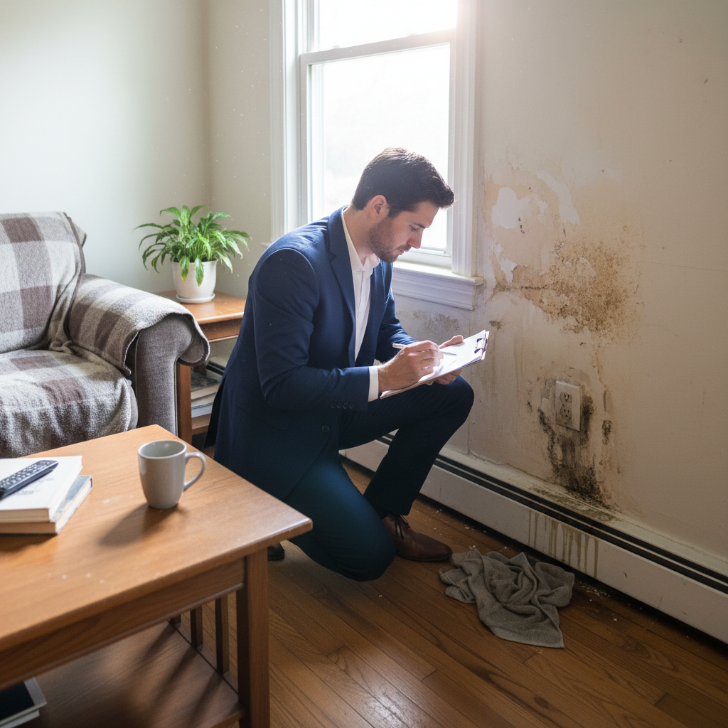 Schade-expert inspecteert vochtschade in woning met klembord