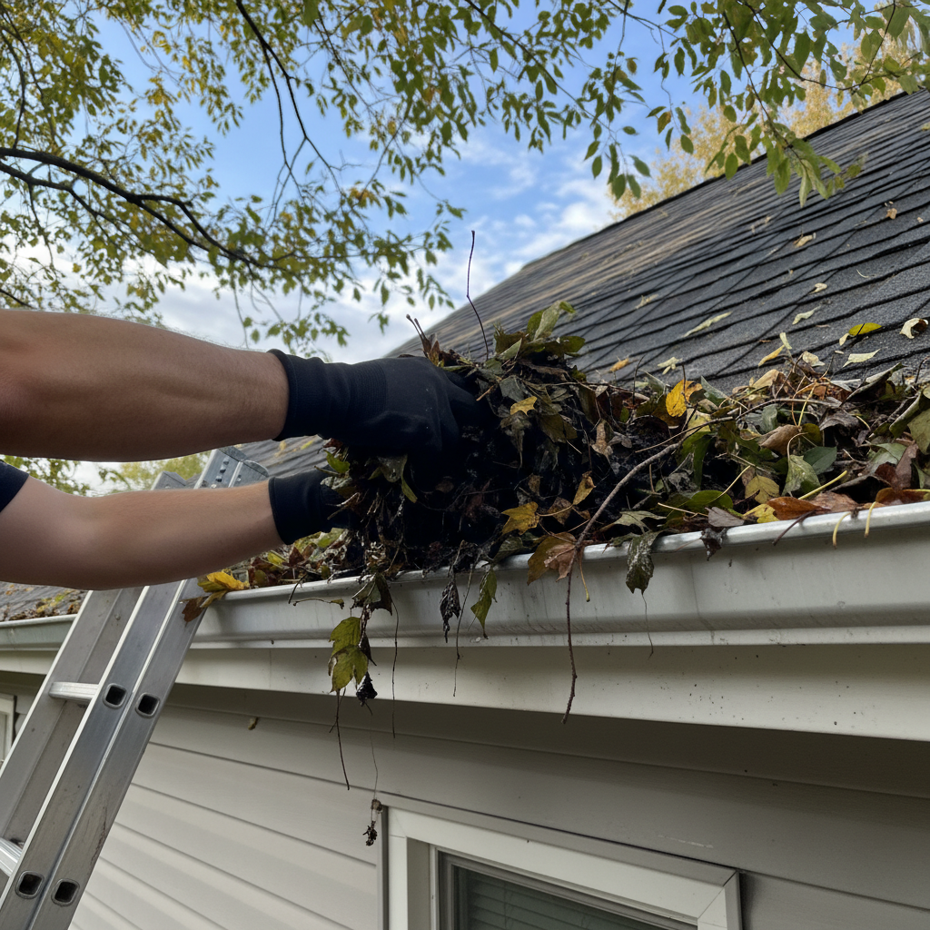 Persoon maakt dakgoten schoon als preventief onderhoud