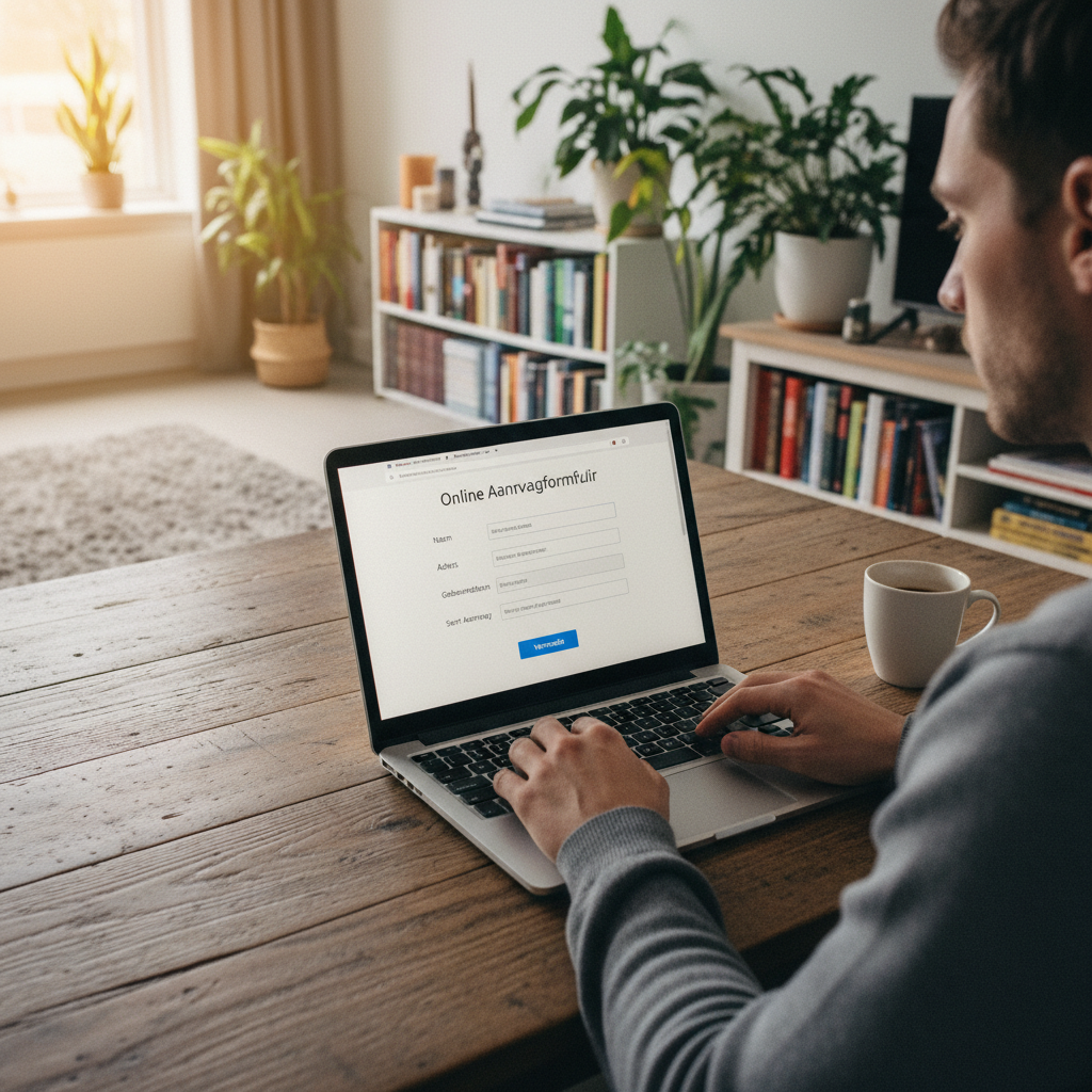 Persoon dient online premieaanvraag in op laptop