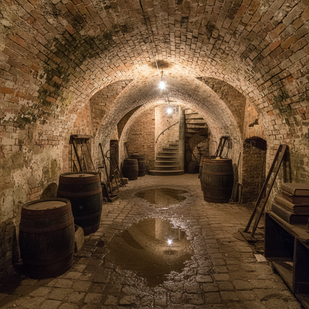 Oude bakstenen kelder met gewelven in historisch Brugs pand met vochtproblemen