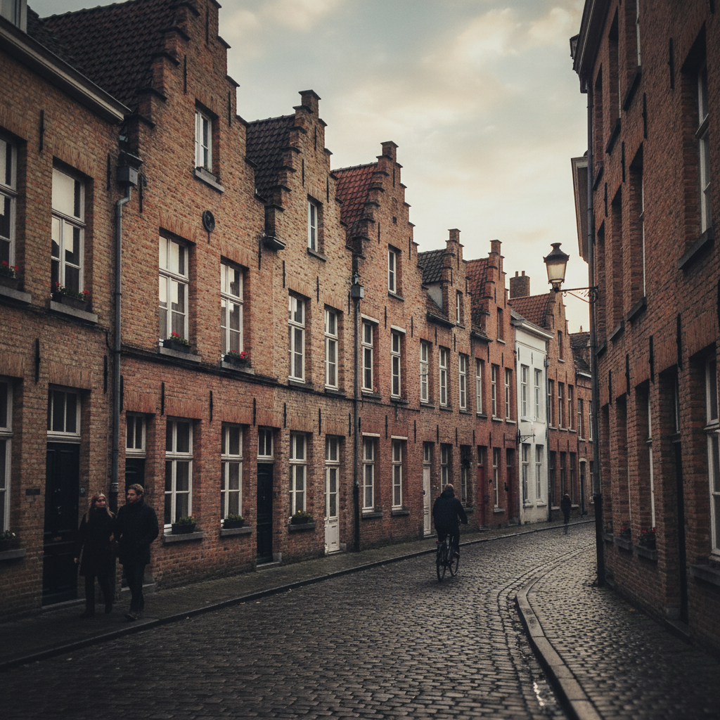 Rij typische 19e-eeuwse Brugse rijwoningen met bakstenen gevels