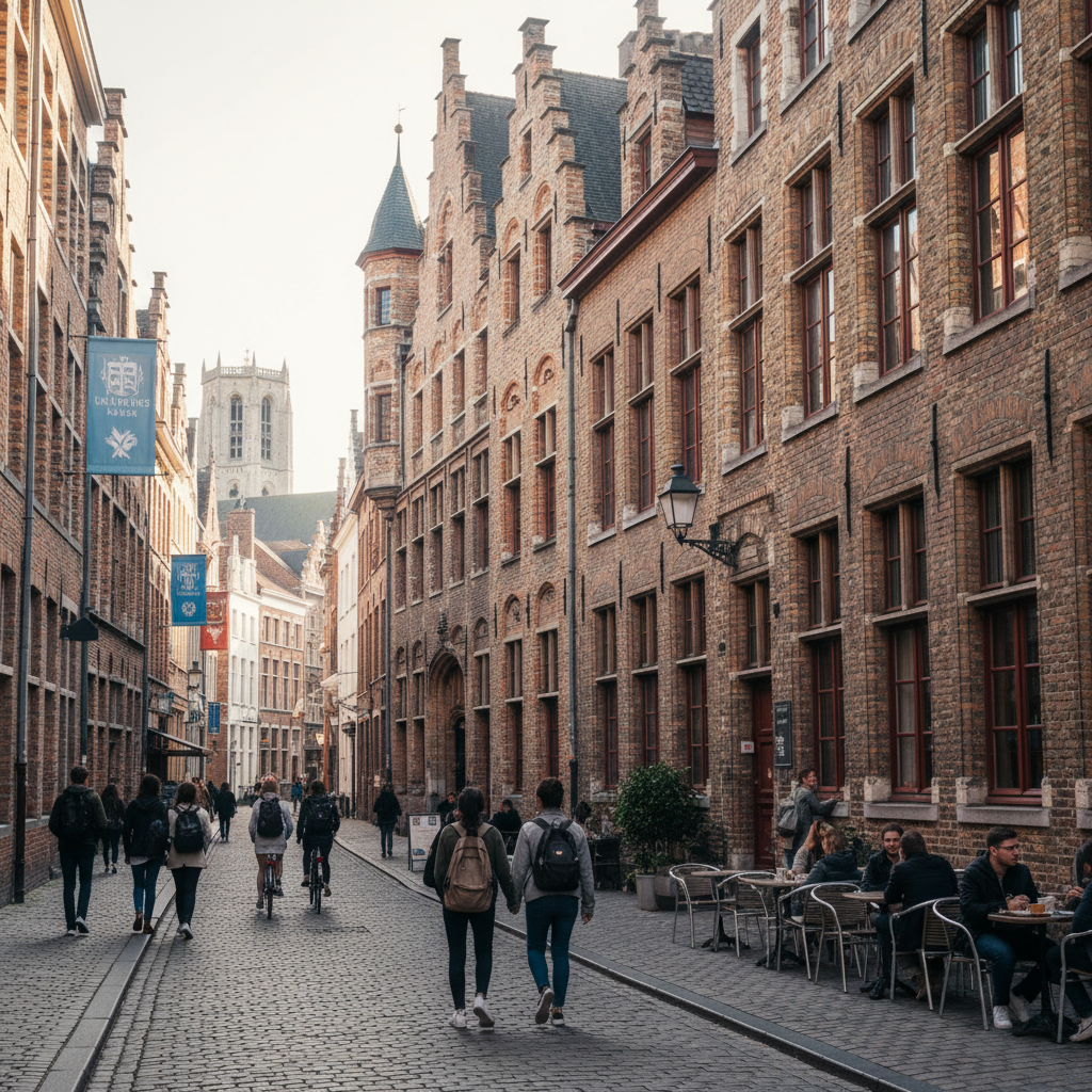 Straatbeeld van historisch Leuven met oude Vlaamse bakstenen gebouwen