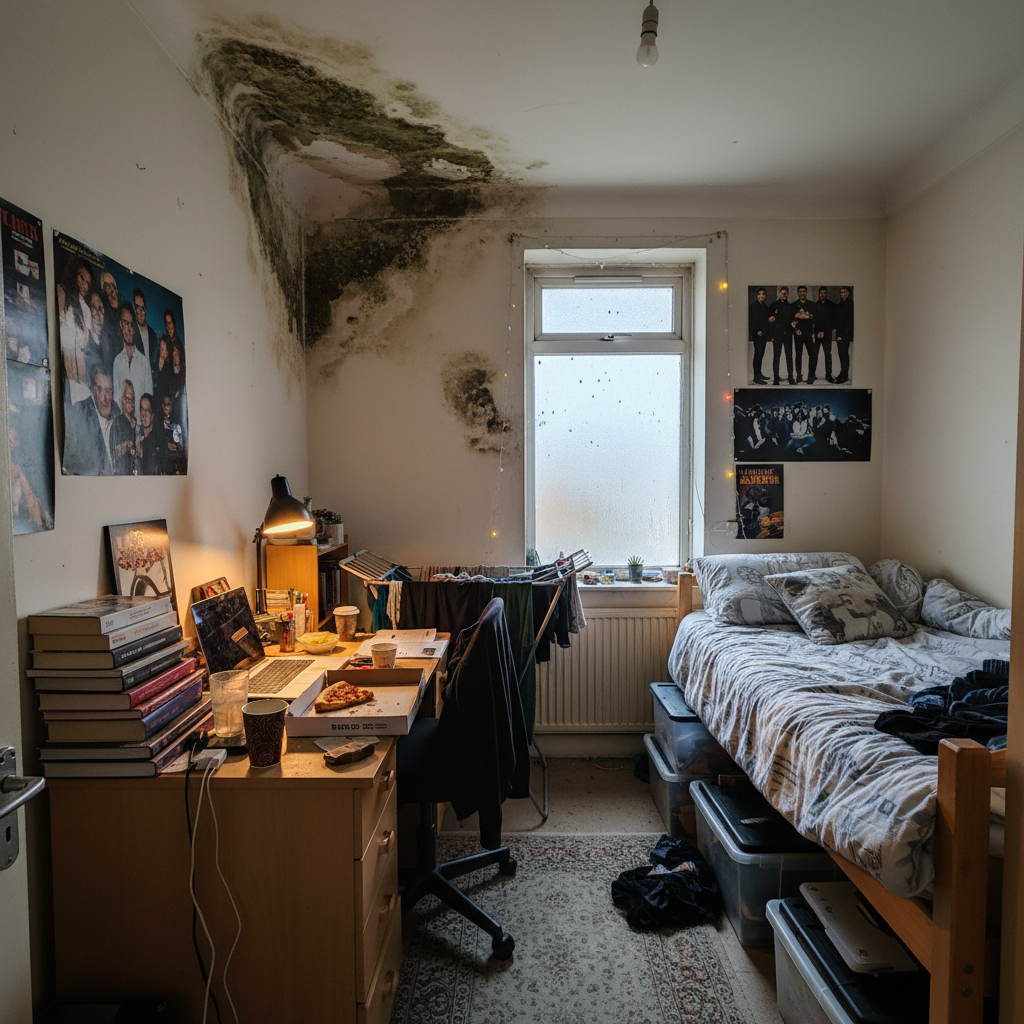 Studentenkamer met schimmelproblemen in hoek van plafond