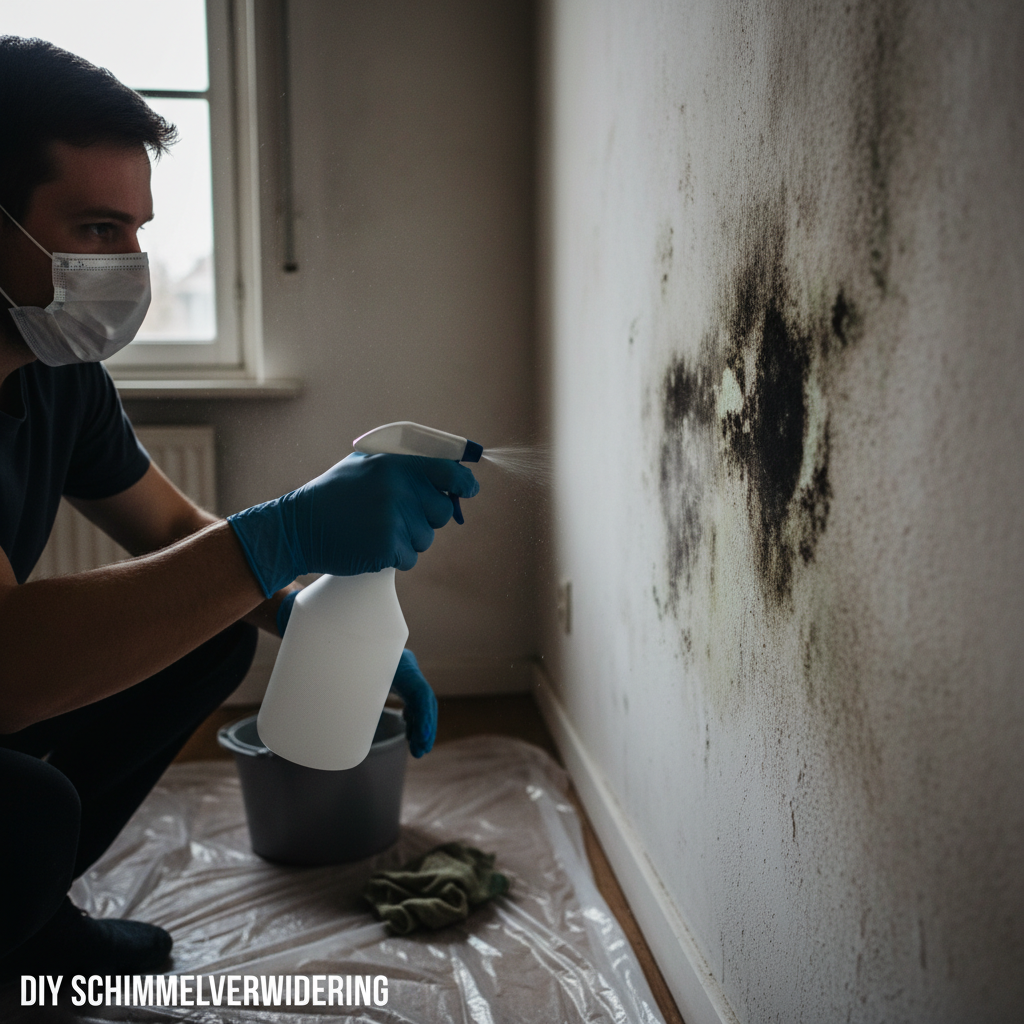 Persoon met handschoenen behandelt schimmel op muur met spuitfles
