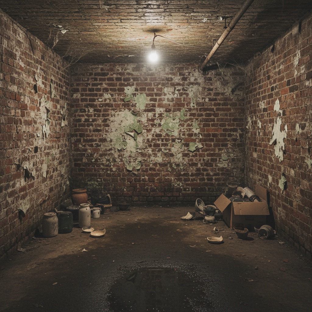 Vochtige bakstenen kelder met vochtproblemen op muren en vloer