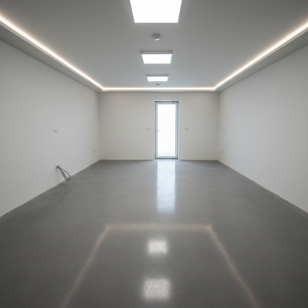 Mooi afgewerkte kelder met witte muren en grijze vloer