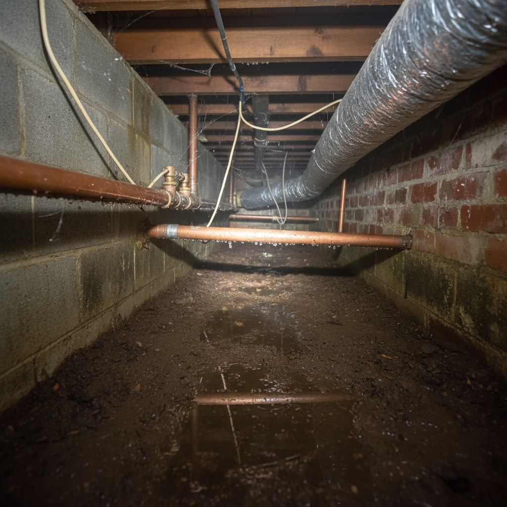 Lage kruipruimte onder woning met zichtbaar vocht en condensatie op leidingen