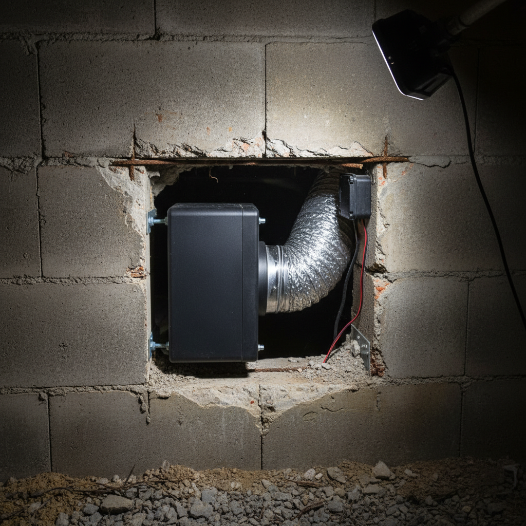 Mechanische ventilator gemonteerd in kruipruimte doorvoer