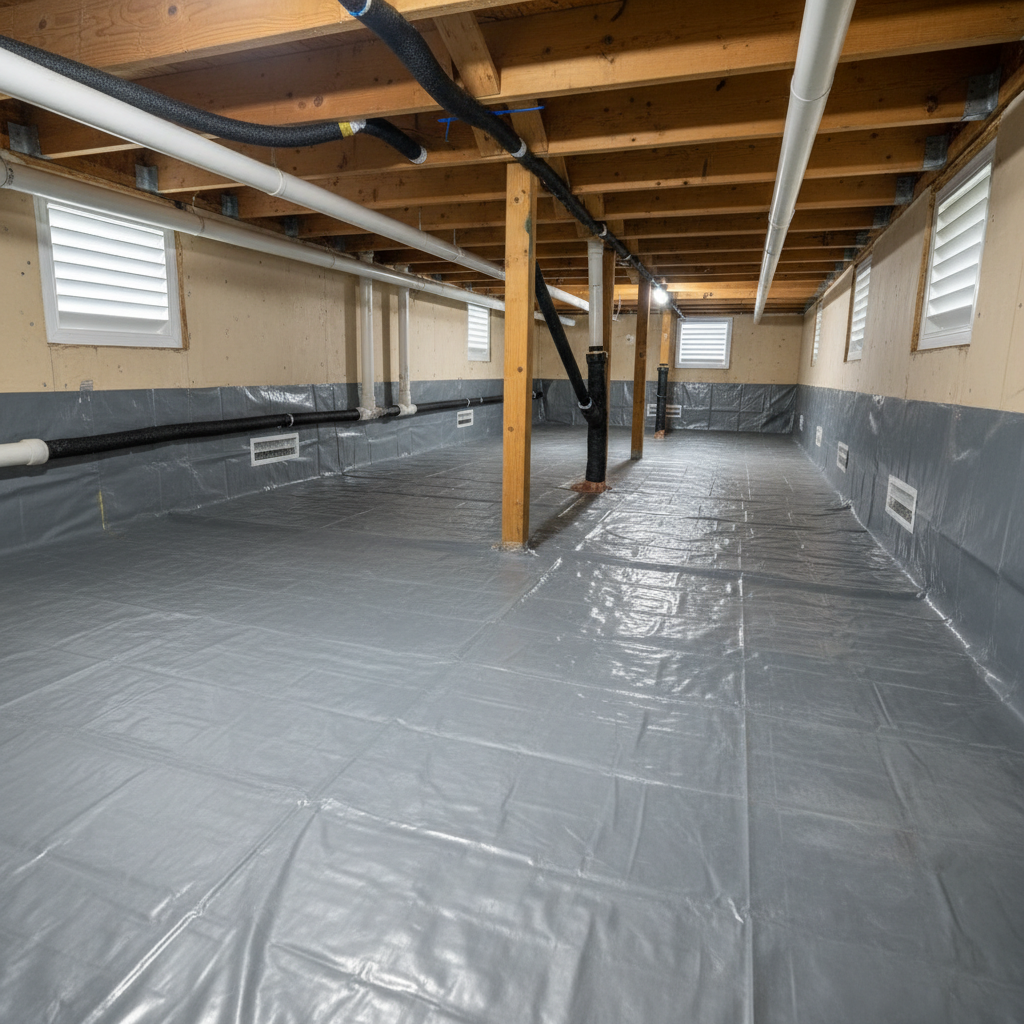 Schone droge kruipruimte met bodemafsluiting en ventilatieroosters