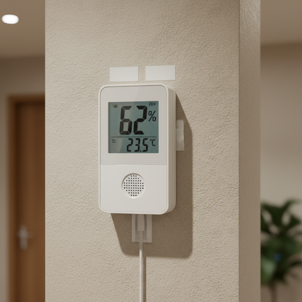 Digitale hygrostaat aan de muur met vochtigheidspercentage op display