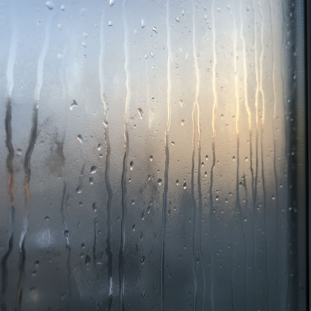 Raam met condensatiedruppels aan de binnenkant in ochtendlicht