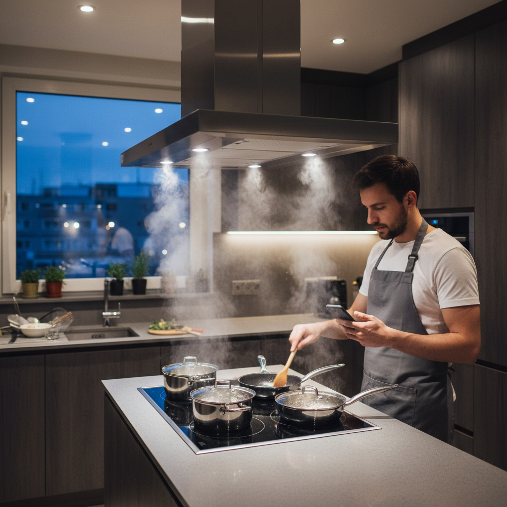 Moderne keuken met werkende afzuigkap boven fornuis met dampende pannen