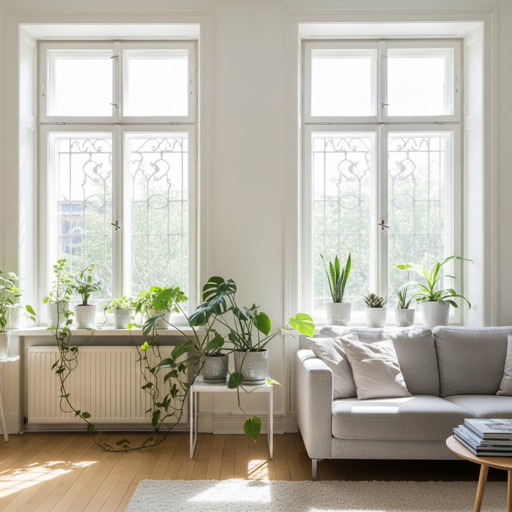 Lichte frisse woonkamer met goed onderhouden ramen zonder condensatie