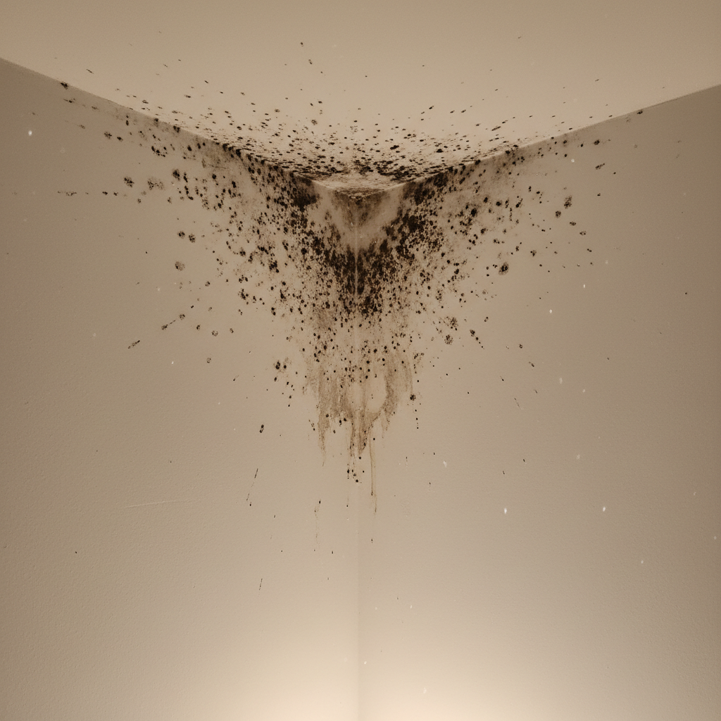 Zwarte schimmelvlekken in hoek van kamer door condensatie