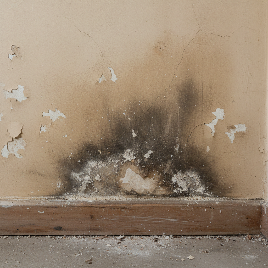 Onderkant muur met vochtschade en zoutuitbloei door opstijgend vocht