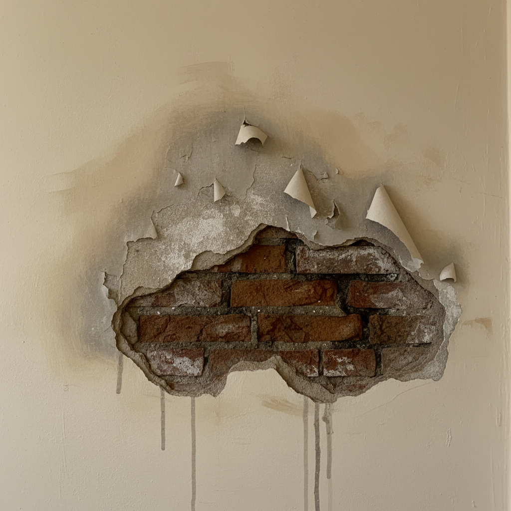 Vochtplek op binnenmuur door doorslaand regenwater