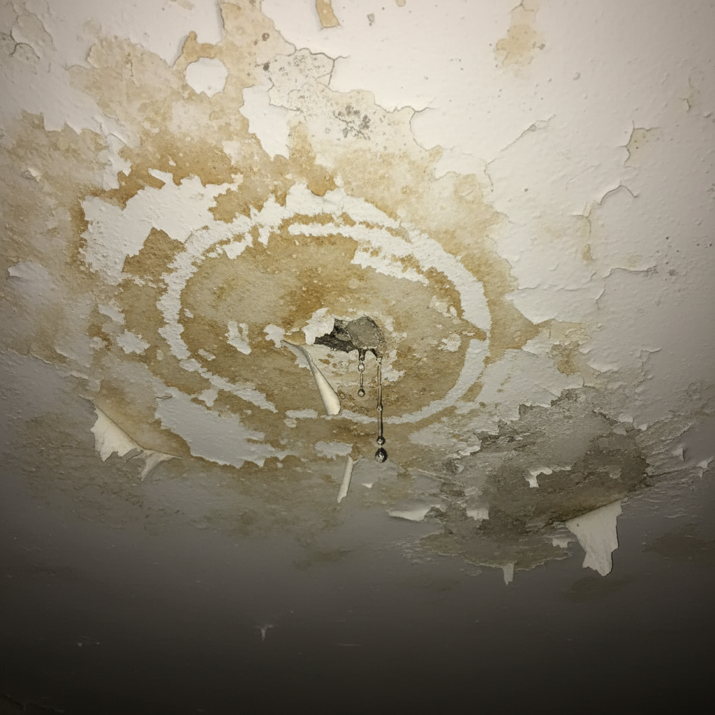Waterschade en bruine kringen op plafond door daklekkage