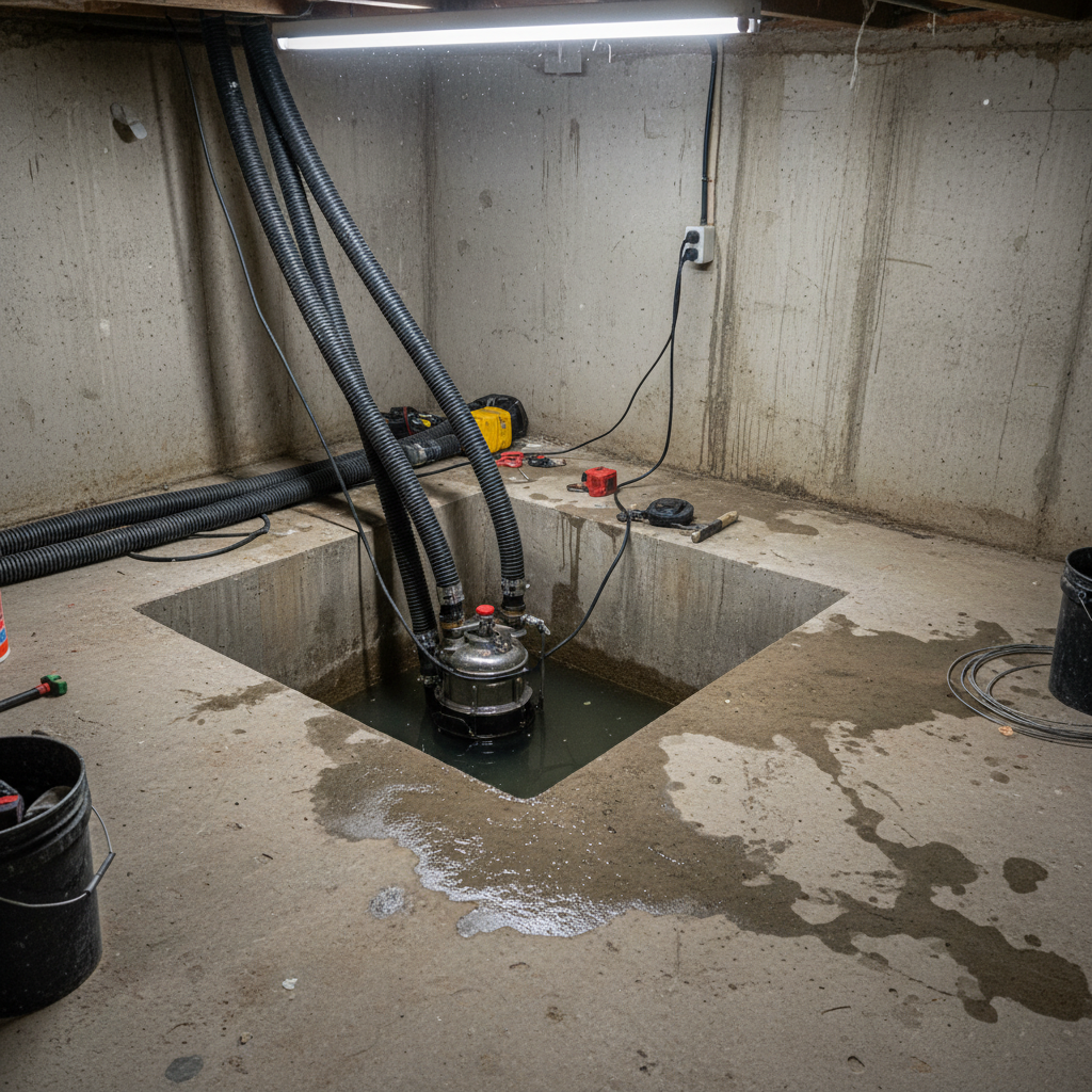 Pompput met dompelpomp in kelder voor waterafvoer