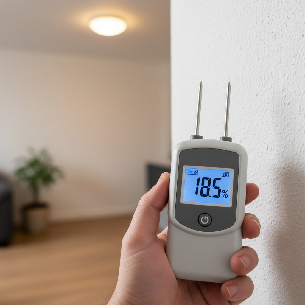 Hand houdt digitale vochtmeter met pennen tegen muur