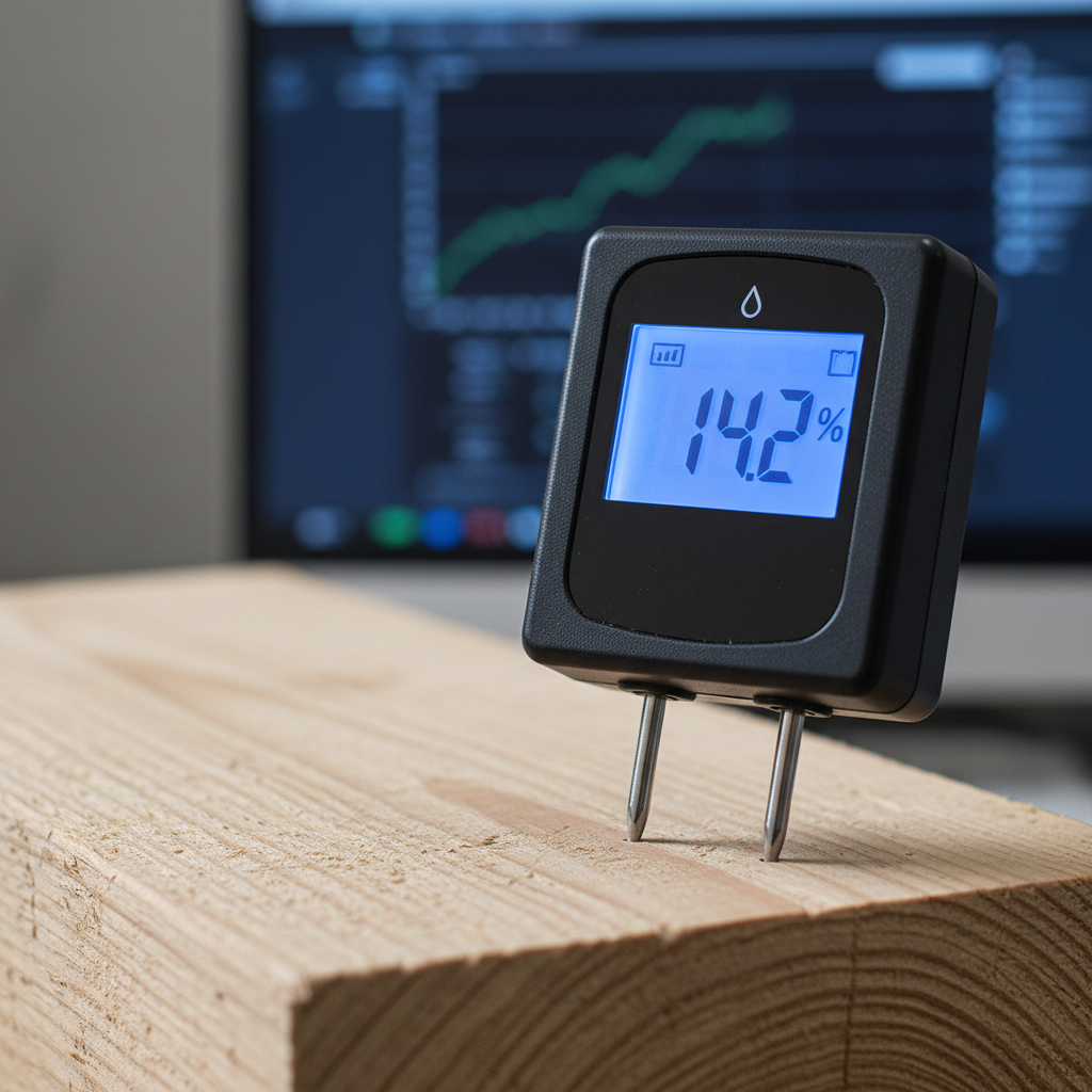 Close-up van vochtmeter met metalen pennen in hout