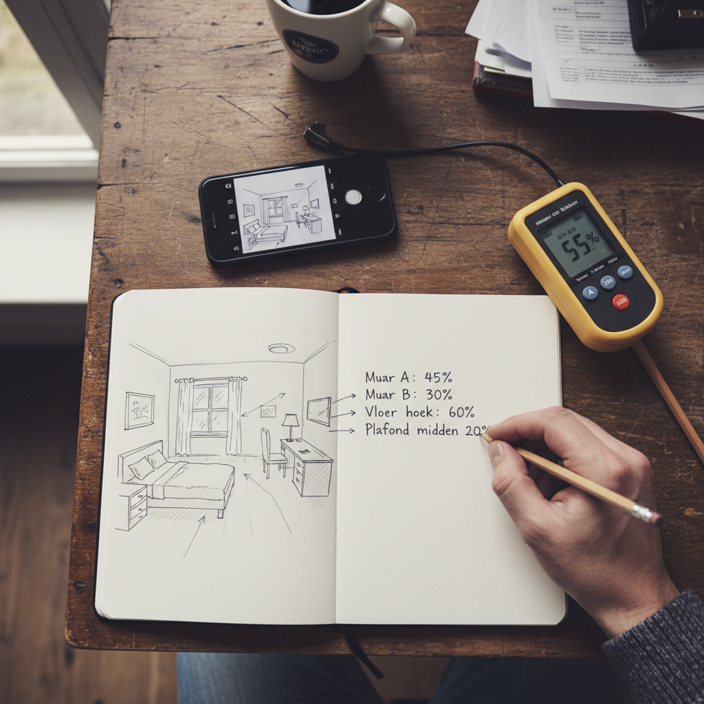 Notitieboekje met schets en meetwaarden naast vochtmeter