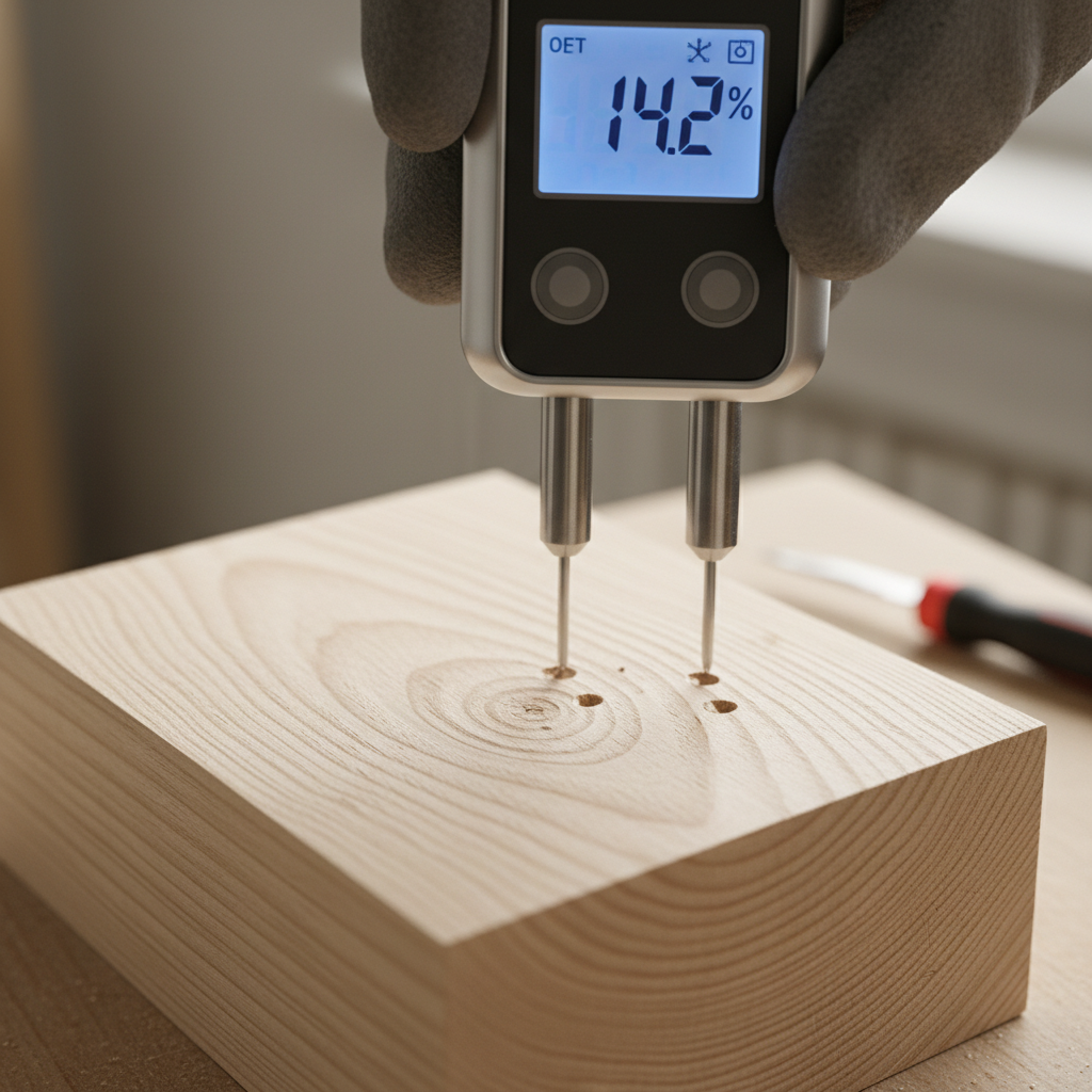 Close-up van vochtmeter met pennen in een stuk hout