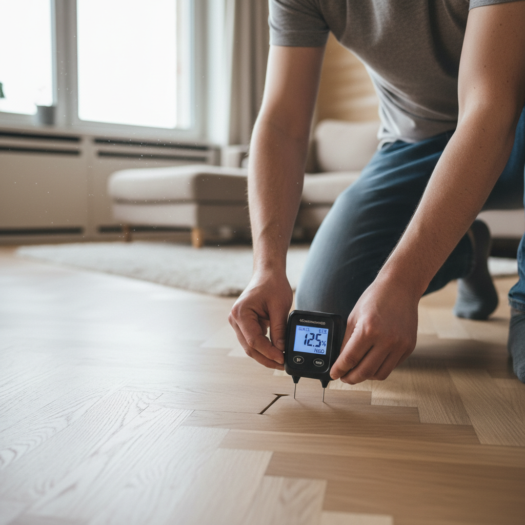 Iemand meet vocht in een houten parketvloer met vochtmeter