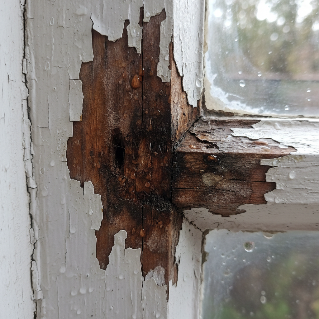 Beschadigd hout met donkere verkleuringen door vocht