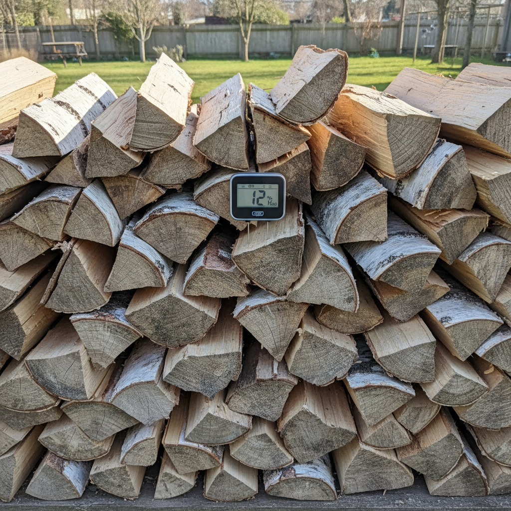 Stapel brandhout met vochtmeter voor controle