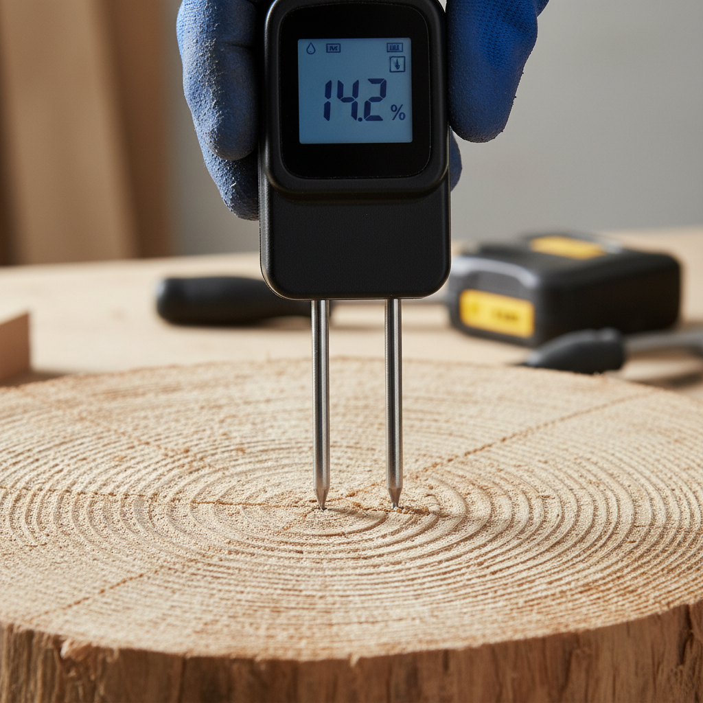 Vochtmeter pennen haaks op de jaarringen van hout geplaatst